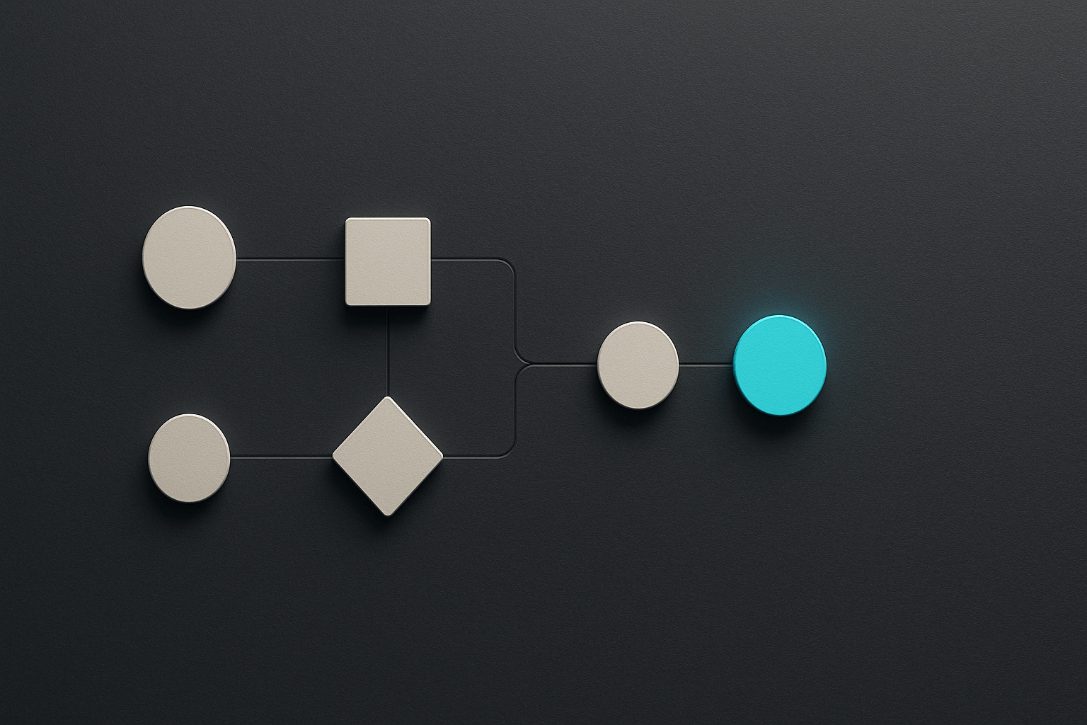 Minimal flow diagram on dark background, cyan node connections, no text