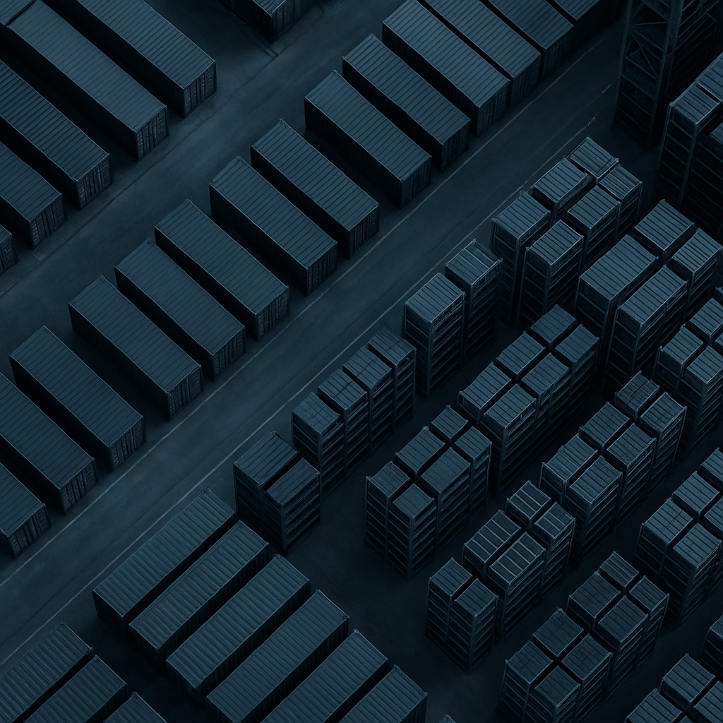 Aerial view of shipping containers at a port, abstract and architectural, no text